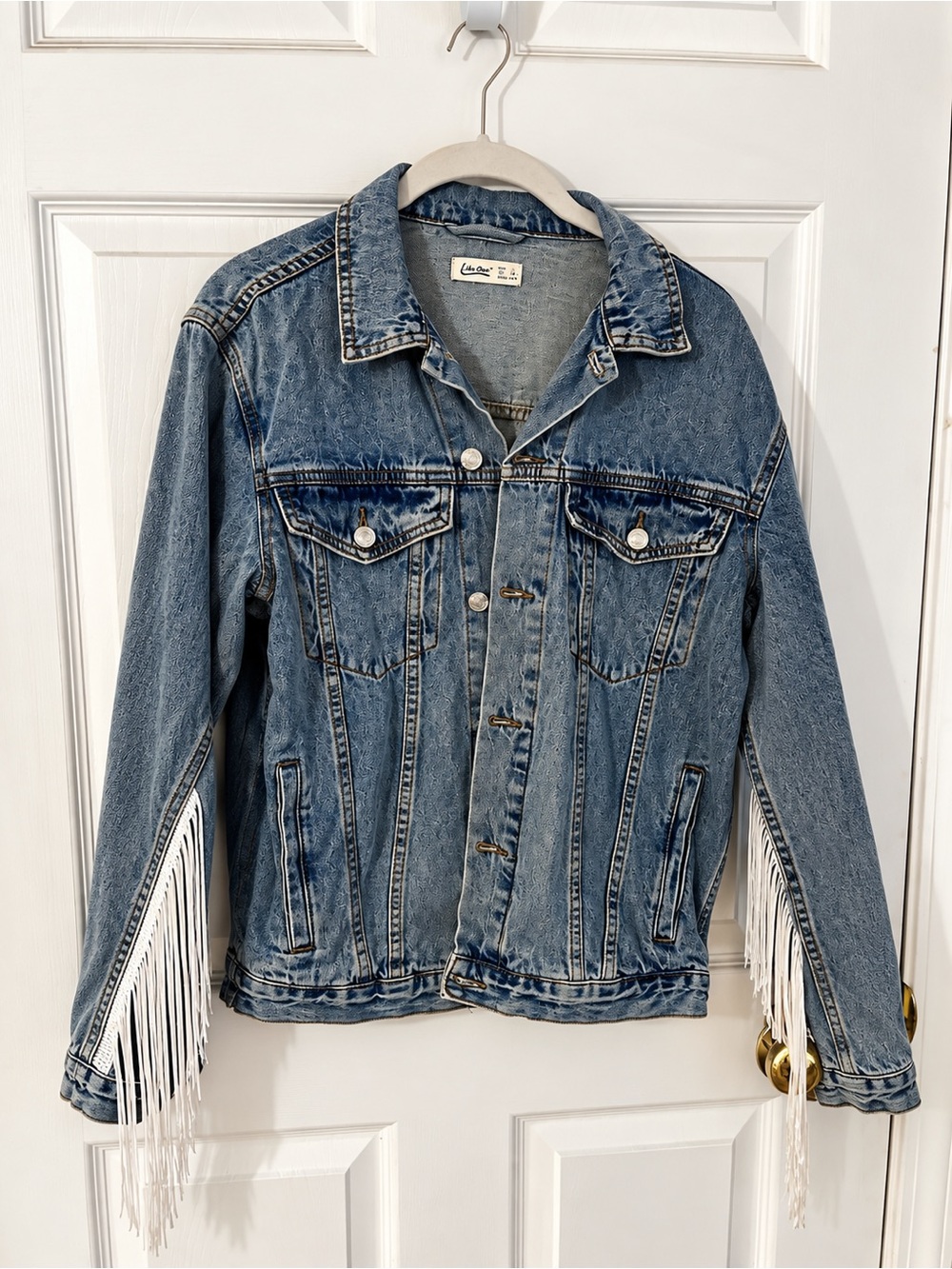 Denim Jacket with White Fringe Sleeves - Blue